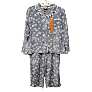 Women 2 Piece Pajama Pant Set XXL Grey Snowflake Plush Fleece Lounge Winter Cozy